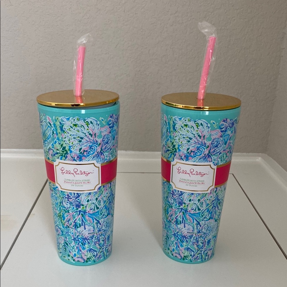 Lilly Pulitzer Aqua and Gold Tumbler Duo
